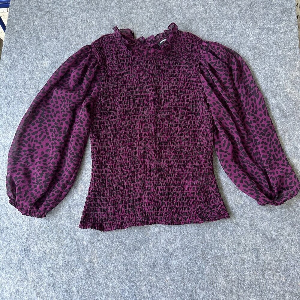 Express Women’s Purple Leopars Long Puffy Balloon Sleeve Ruffle Blouse M Shirt